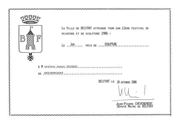 Diplôme du premier prix de sculpture de 1986